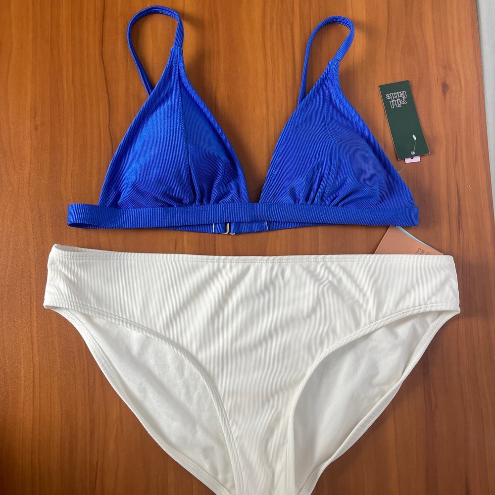 2-piece Blue Ribbed Triangle Bikini Top & Low Rise White Bottoms Set‎ XL